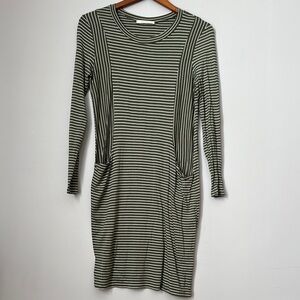 Les Amis Women's Olive Green & White Striped Casual Dress w/ Pockets